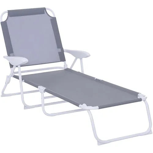 Outsunny Liegestuhl Sonnenliege Klappbare Strandliege 4-stufige Gartenliege Netzstoff Grau 186 x 66 x 80 cm