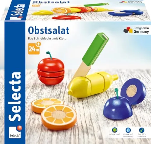 Selecta Obstsalat, Klett und Schneidespielzeug aus Holz, 11 Teile, Küchen-Spielzeugset