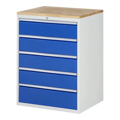 Rau Schubladenschrank Buche-Top mit 5 XL Schubladen - Hängeregistratur- & Schubladenschrank mit massiver Buche-Arbeitsplatte, langlebig und robust, ideal für effiziente Arbeitsorganisation.