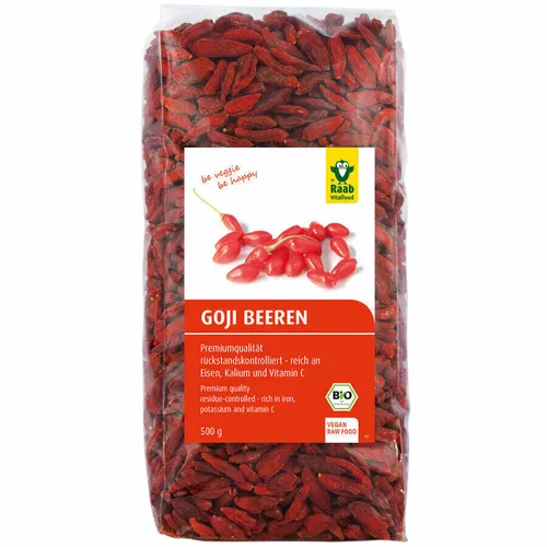 Raab Vitalfood Bio Goji-Beeren, Premium-Qualität, rückstandskontrolliert, laborgeprüft, ungeschwefelt, ohne Zusätze, vegan, reich an natürlichem Eisen Kalium Vitamin C, Wolfsbeere, 1er Pack (500 g)
