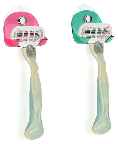 kwmobile 2x Saugnapf Halterung für Rasierer - für Glas und Fliesen - Nassrasierer Saugnapf Halter Set - Wand Haken in Rot Grün Transparent