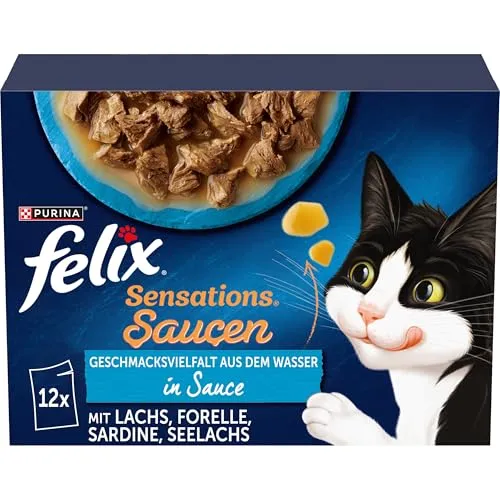 FELIX Sensations Saucen Katzenfutter nass, Fisch Sorten-Mix, 6er Pack (6 x 12 Beutel à 85g)
