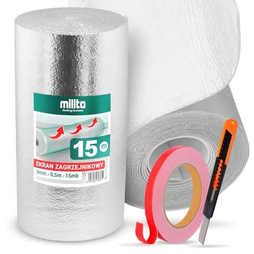 Heizkörper Reflexionsfolie 15m x 0,5m x 3mm | Selbstklebend Alufolie Isoliermatte Dämmung Isolierfolie Thermomatte Thermofolie Isolierung Wand Dämmfolie Wandisolierung Doppelklebeband Cuttermesser