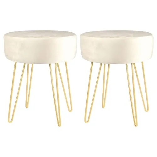 Harbour Housewares 2X Creme/Gold H40 x D35cm Runden Samt-Fußhocker