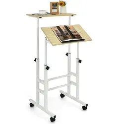 Costway Höhenverstellbarer Sitz-Steh Schreibtisch auf Rollen – Natur - Flexibler Arbeitsplatz: Höhenverstellbarer Schreibtisch mit zwei separaten Ablagen und robustem Stahlrahmen. Ideal für Schlafzimmer und Büros, leicht beweglich dank arretierbarer Rollen.