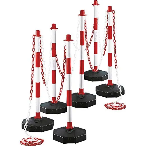 TMS PRO SHOP Kettenpfosten-Set zum Umklappen, 6 Stück, rot/weiß, befüllt, mit 10 m Kette, Art.-Nr. 37217 | Kettenpfosten | Absperrpfosten | Absperrkette