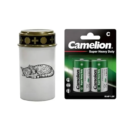 Fachhandel Plus LED Grablicht Katze, batteriebetriebenes Gedenklicht mit flackernder LED Flamme als sicherer Grabschmuck für Tiergrab und Gedenkplatz - ewiges Licht (Weiß, liegende Katze)