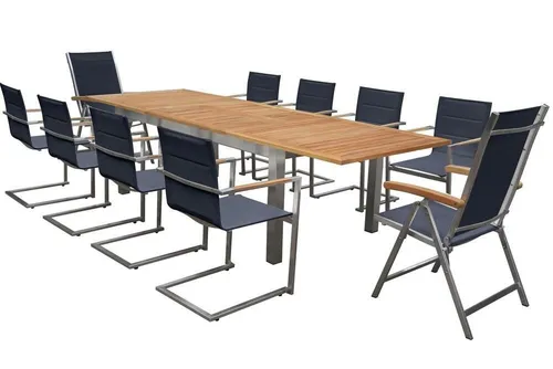 OUTFLEXX Garten-Essgruppe für 8 Personen - Elegante Garten-Essgruppe mit ausziehbarem Tisch aus massivem Teakholz und stabilen Edelstahlbeinen. Ideal für gesellige Abende im Freien, bietet Platz für bis zu 10 Personen und vereint Komfort mit ansprechendem Design.