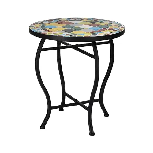 WellHome Bistrotisch mit Mosaikdesign Ø38x40cm - Gartentisch mit elegantem Mosaikdesign, ideal für den Außenbereich. Stabiler mattschwarzer Eisenrahmen sorgt für Langlebigkeit und Stil.