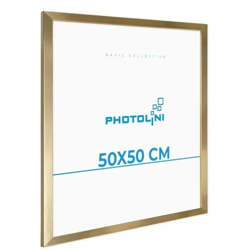 PHOTOLINI Bilderrahmen 50x50 cm in Gold aus MDF-Holz - Moderner Bilderrahmen in Gold für Fotos und Poster, bruchsicheres Acrylglas schützt Ihre Motive. Einfaches Aufhängen und flexibles Motivwechseln – ideal für kreative Wandgestaltungen.