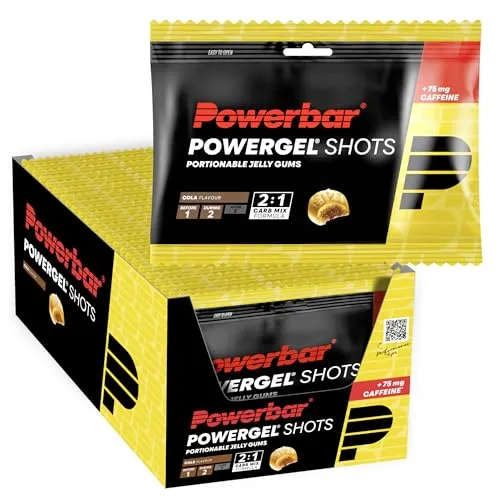 PowerBar PowerGel Shots Cola - 24x60g Box - Energie-Gel mit C2MAX Dual Source Carb Mix, ideal für individuelle Portionierung und einfache Mitnahme in der Trikottasche.