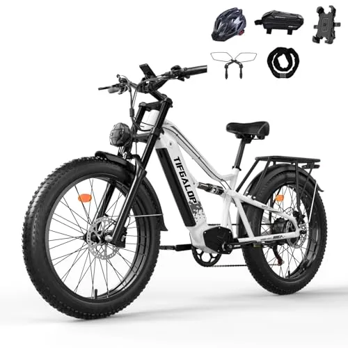 Tifgalop 26-Zoll-Offroad-Elektrofahrrad, Unisex für Erwachsene, Vollfederung, 7 Gänge, 52 V 19 Ah Lithiumbatterie, Reichweite bis zu 45-90 km