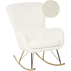 Eleganter Schaukelsessel Bouclé Stoff in Weiß und Gold - Schaukelstuhl aus hochwertigem Bouclé-Stoff, sanftes Schwingen dank stabiler Metallbeine in Goldfarbe, ideal für moderne Wohnräume und vielseitig kombinierbar.
