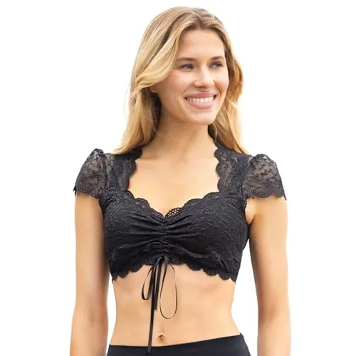 Nina von C. Dirndl-Bluse Kurzarm Damen Schwarz - Dirndlblusen für Damen - kombiniert traditionelle Eleganz mit einem modernen Chic und bietet durch die florale Spitze und den Gummizug perfekten Sitz für festliche Anlässe.