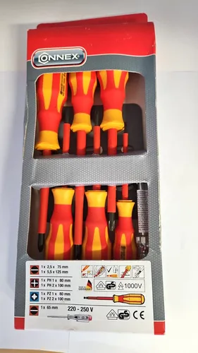 CONNEX VDE Schraubendreher-Set 7-tlg. für Elektriker - Schraubendreher-Set für Elektriker, VDE-zertifiziert für maximale Sicherheit bei elektrischen Arbeiten, 7-teilig in schwarz und rot.