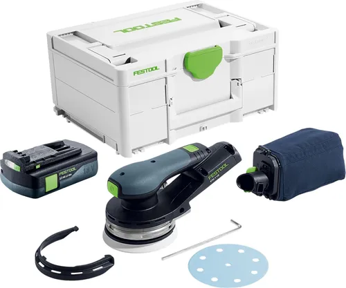 Festool ETSC 2 125-Basic Akku Exzenterschleifer 18 V mit Akku und Systainer - Maximale Bewegungsfreiheit und hervorragende Oberflächenqualität. Ideal für präzises Schleifen in Werkstatt und bei schwierigen Zugängen.
