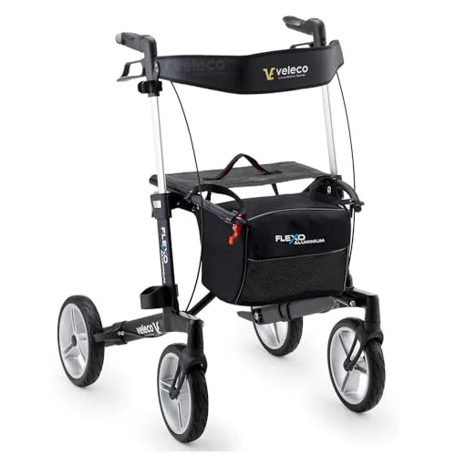 Veleco Faltbarer Aluminium-Rollator Flexo, 4-rädrig, stabil und leicht (Schwarz)