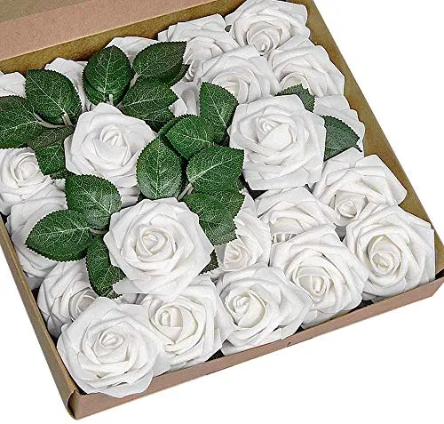 Ancokig Künstliche 25 Stück Rosen Blumen Schaumrosen Foamrosen Kunstblumen Rosenköpfe Gefälschte Kunstrose Rose für Hochzeit Blumensträuße Braut Zuhause Dekoration (Weiß,25 Stück)