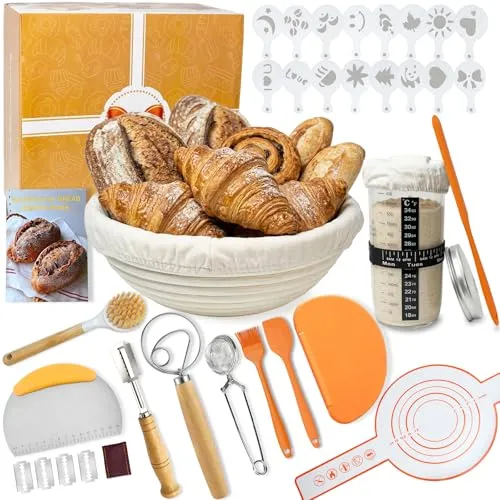 Sauerteig Starter Set,13-Teiliges Komplettes Gärkorb Brot Set,9 Zoll Rattan Sauerteig Brot Gärkorb,Brot Backen,Zubehör Sauerteig Kit,Komplettes Brot Backen Zubehör für Einsteiger & Erfahrener Bäcker