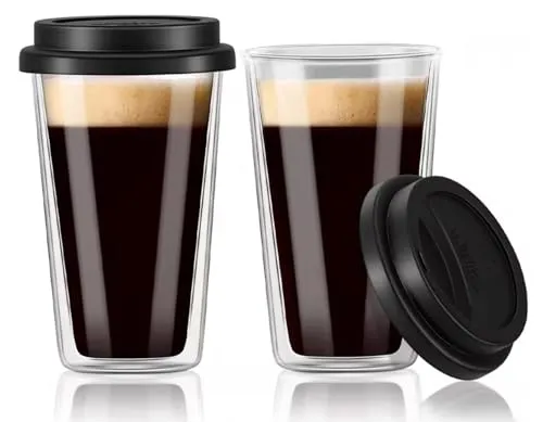 Panlouting 2 Pack | Kaffeebecher aus Glas mit Silikondeckel 360ml | Doppelwandige Espressotasse | Thermoisoliert | Perfekt für Kaffee, Latte, Cappuccino, Americano, Tee