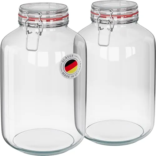 WELLGRO 2x Einmachgläser mit Bügelverschluss rund 4880ml, Fermentierglas, Vorratsgläser mit Deckel - Gläser mit Deckel Made in Germany
