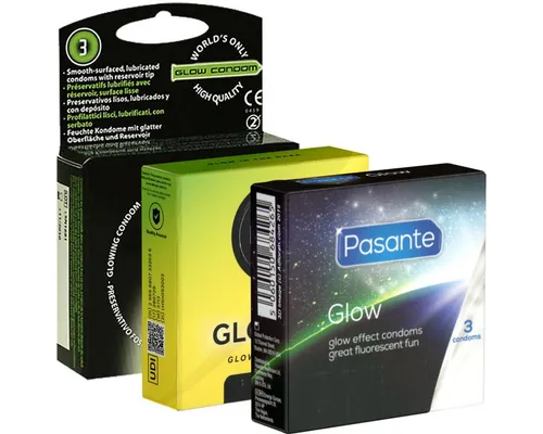 Kondomotheke Kondome Glow Mix 3 Packungen leuchtende Kondome, insgesamt, 9 St., Kondome die im Dunkeln leuchten, Leuchtkondome für mehr Fun im Dunkeln