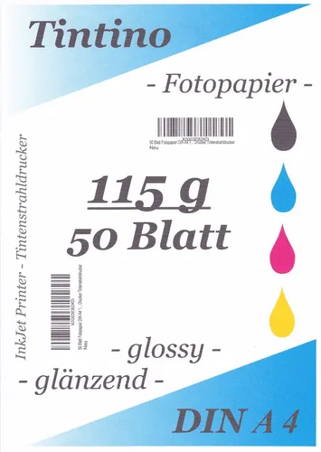 TINTINO Fotopapier 50 Blatt DIN A4 (ca. 210-297mm) 115g/m² glossy extra dünn