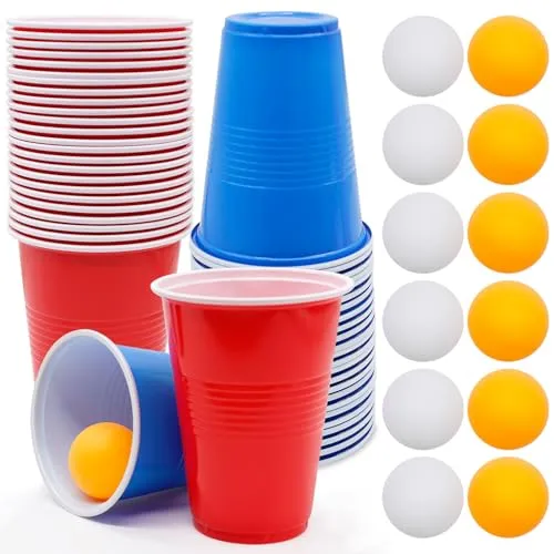 Druuzyl 50x Mehrweg-Partybecher Set mit 12 Tischtennisbällen (16oz/473ml) - Wiederverwendbare Plastikbecher für Hochzeiten, Geburtstage & Camping | Inklusive Pingpong Bälle für Beer Pong Spiele