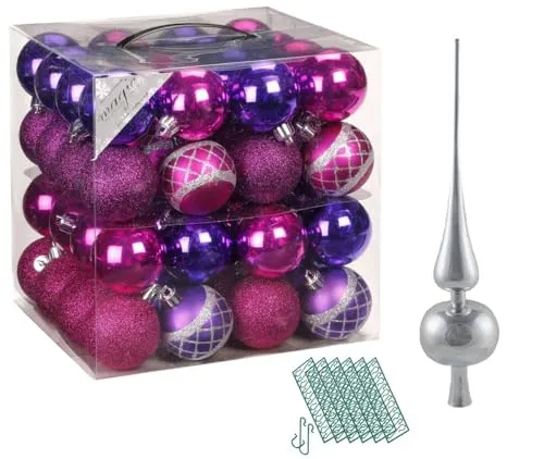 JACK 64x Kunststoff Christbaumkugeln Ø 6cm + Spitze 28cm inkl. Aufhänger Dekor Kugeln Set Weiß Rot Gold Grün Blau Silber, Farbe:Pink-Purple-Mix