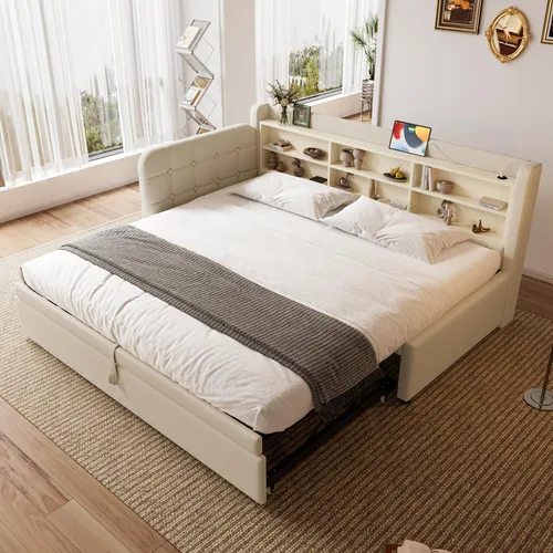 Stauraumbett Beige mit Lattenrost, USB & Type-C Anschluss, erweiterbar 90x200cm/180x200cm - Praktisches Stauraumbett in Beige mit erweiterbarer Liegefläche. Ideal für 2 Personen, mit gemütlichem Kopfteil und integrierter Mehrfachsteckdose für USB und Type-C. Hohe Stabilität und modernes Design – einfach zu montieren!
