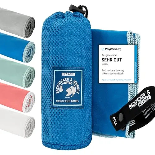 Backpacker's Journey Mikrofaser Handtücher in S M L XL. Reisehandtuch Sets leicht, schnelltrocknend, saugfähig und antibakteriell (blau L)