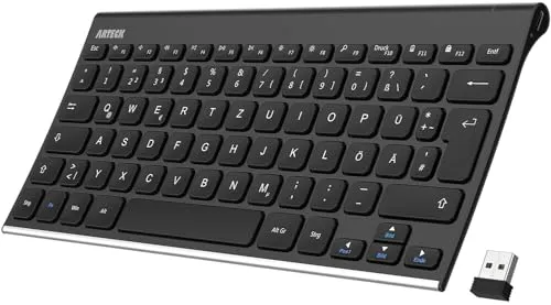 Arteck Kabellose Tastatur, Deutsches QWERTZ Layout wiederaufladbare Kompakte USB Anschluss 2,4 GHz Kabellos Tastatur mit Multimedia-Tasten, Kompatibel mit PC, Computer, Laptop, Windows 11, 10, 8