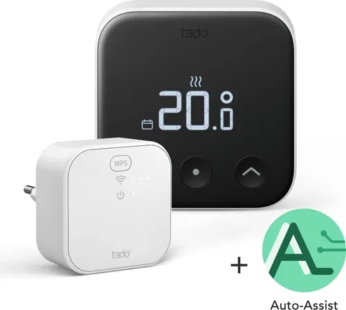 Tado X Starter Kit Smartes Thermostat VX-ST02-IB02-TC-ML-00 - Programmierbares Thermostat in Schwarz, mit intelligenter Sensortechnik für präzise Temperaturregelung und Energieeinsparung.