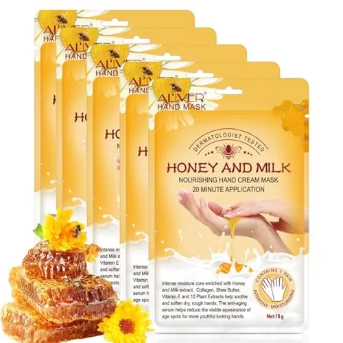 P-Beauty Handmaske 5 Paar mit Honig & Milchextrakt | Peelingmaske | Handcreme & Pflegecreme | Anti-Aging | Feuchtigkeitshandschuhe mit Vitaminen, Mineralstoffen & Kollagen | trockene, rissige Hände