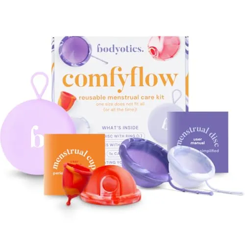 Bodyotics Comfyflow - Wiederverwendbares Periodenpflegeset, Menstruationsscheiben mit Strings & Ring, Menstruationstasse & Beutel, 5-teiliges Set in verschiedenen Größen