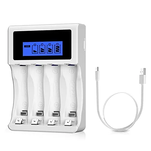 BONAI AA AAA Akku Ladegerät USB 4 Slot mit LCD Display - Intelligentes 4-Slot Akkuladegerät für AA AAA Batterien, mit LCD-Display zur Überwachung des Ladevorgangs und sicherem Ladeverhalten dank mehrfacher Sicherheitszertifikate.