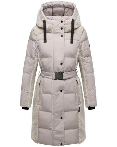 Navahoo Damen Winter Steppmantel warmer Plüschmantel mit Taillengürtel in Material-Mix mit Teddyfell Funkelteddy 14 Bone Gr. M