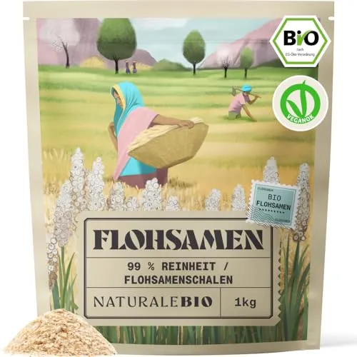 NaturaleBio Flohsamenschalen Gemahlen, 99% Reinheit, 1kg natürliche Flohsamen Bio, Psyllium Samenschalen, Naturbelassen, rein, Ballaststoffreich, Vegan, Zum Auflösen in Wasser, Getränken und Säften.