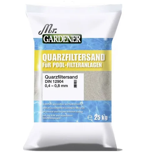 Mr. Gardener Quarzfiltersand 25 kg für Pool- & Whirlpool-Filter - Hochwertiger Filtersand mit einer Körnung von 0,4-0,8 mm, ideal zur Unterstützung der Filterleistung in Pools und Whirlpools.
