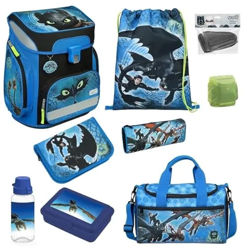 Familando Jungen Schulranzen 1. Klasse – Scooli Easy Fit Schultasche - 9-teiliges Schulranzen-Set mit ergonomischem Design, leichtem Gewicht und tollen Dragons Drachen-Motiv – ideal für die Einschulung!