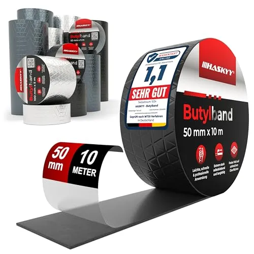 Wasserdichtes Klebeband Butylband I 5cm*10m Schwarz hochwertig selbstklebend mit Aluminiumfolie I Butyl-Tape alterungsbeständig korrosionsbeständig UV-beständig