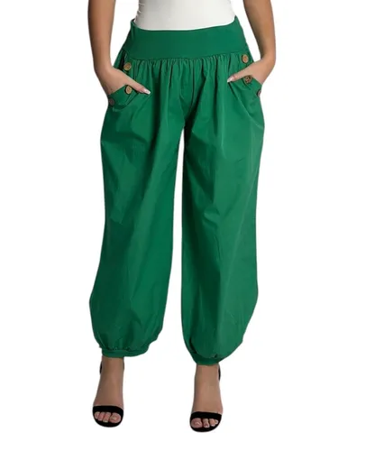 Mississhop Damen leichte einfarbige Hose Sommerhose Haremshose Ballonhose Pluderhose Pumphose Aladinhose Sommer Uni baggy pants Grün 297