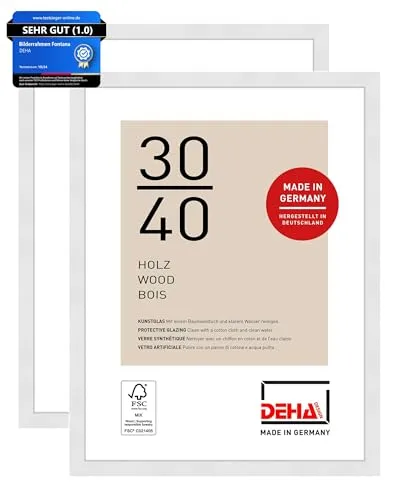 DEHA Design Bilderrahmen Fontana, 30 x 40 cm, 2er Set, weiß - Moderner Holz-Bilderrahmen Fontana im 2er Set. Ideal zum Aufhängen im Hoch- und Querformat. Bruchsicheres Kunstglas schützt Ihre Bilder und bringt jedes Motiv zur Geltung. Perfekt für Ihr Zuhause!