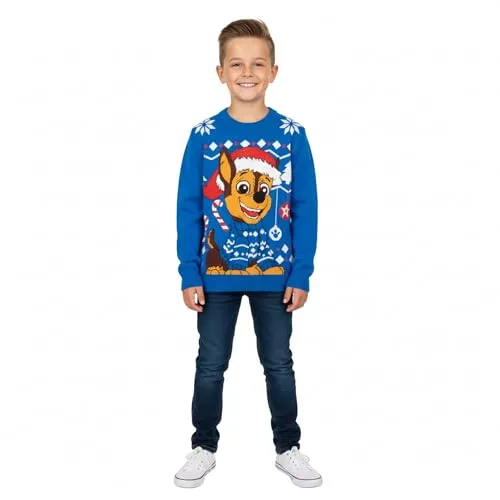 United Labels Paw Patrol Chase Weihnachtspullover, Blau, 122-128, Winter Strickpullover für Jungen, Ugly Christmas Sweater