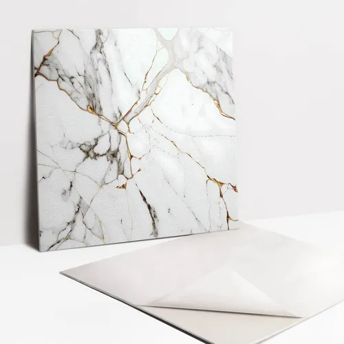 Modische PVC Vinylfliesen in Marmor und Gold - Selbstklebende Vinylfliesen für einen modernen Look in Büro, Wohnzimmer oder Küche. Mit den praktischen Abmessungen von 30x30 cm sind sie schnell verlegt und verleihen jedem Raum Eleganz.