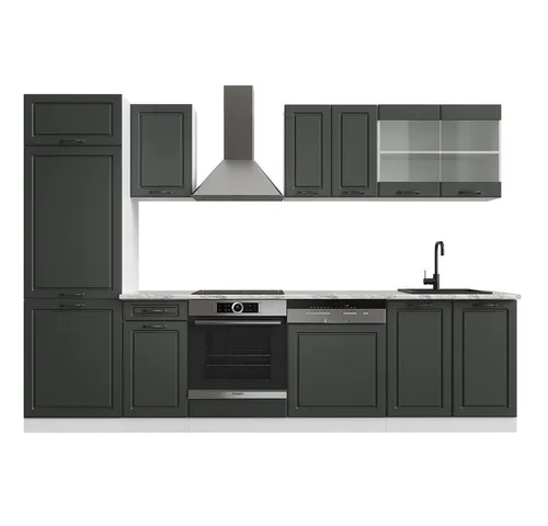 Vicco Küchenzeile R-Line, Anthrazit Landhaus/Weiß, 300 cm - Moderne Küchenzeile in Anthrazit und Weiß, mit höhenverstellbaren Füßen für ergonomisches Kochen. Komplettlösung für Ihre Küche, erweiterbar mit zusätzlichen Modulen.