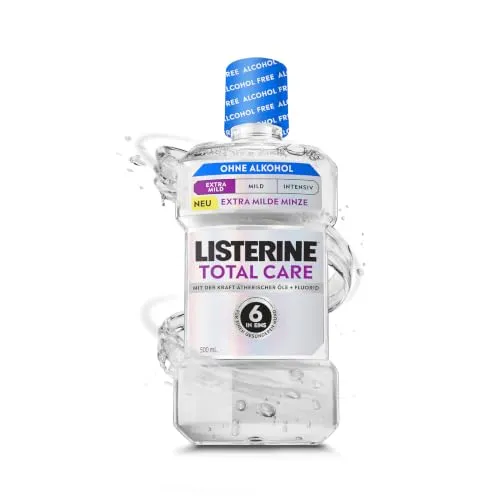 Listerine Total Care Extra Mild Mundspülung Alkoholfrei, 500 ml | Extra milde Mundspülung ohne Alkohol, mit ätherischen Ölen & Fluorid, 6 in 1 Wirkung mit Kariesschutz und Plaque-Reduktion
