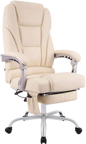 CLP Bürostuhl Pacific Echtleder mit Massagefunktion - Ergonomischer Bürostuhl mit Massagefunktion, höhenverstellbar und drehbar. Genießen Sie höchsten Komfort und Entspannung dank 7 Massagepunkten und Fußablage.