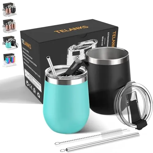 TELANKS 2 Stück Weinbecher to go 350 ml, BPA-frei Weinglas to go, hält 3 Stunden warm und 9 Stunden kalt, Camping Weingläser geeignet für Reisen