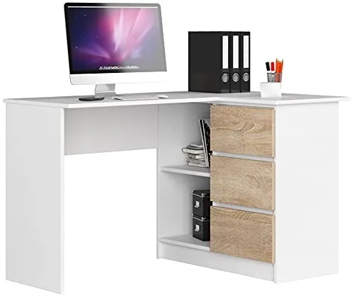 AKORD Eckschreibtisch B16 mit Regal 124 cm – Vielseitiger Schreibtisch für Home & Office - Kinderschreibtische mit 3 Schubladen und 2 Ablagen, ideal für PC, Kinder- oder Jugendschreibtisch. Pflegeleichte Oberfläche und einfache Montage.